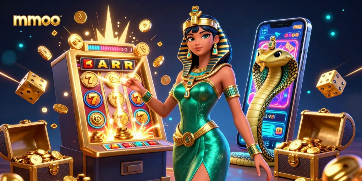 Spin the mmoo slot machine with vibrant, glowing casino symbols and characters.
