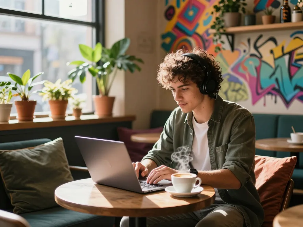 Engaging in an NSFW AI chat at a trendy café with a laptop and coffee.