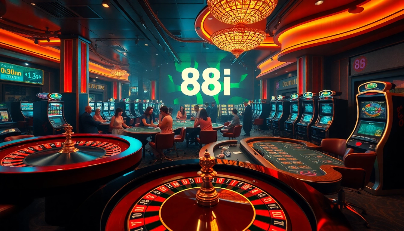 A lively casino scene at 88i showcasing players at roulette and poker tables, emphasizing thrilling betting action.