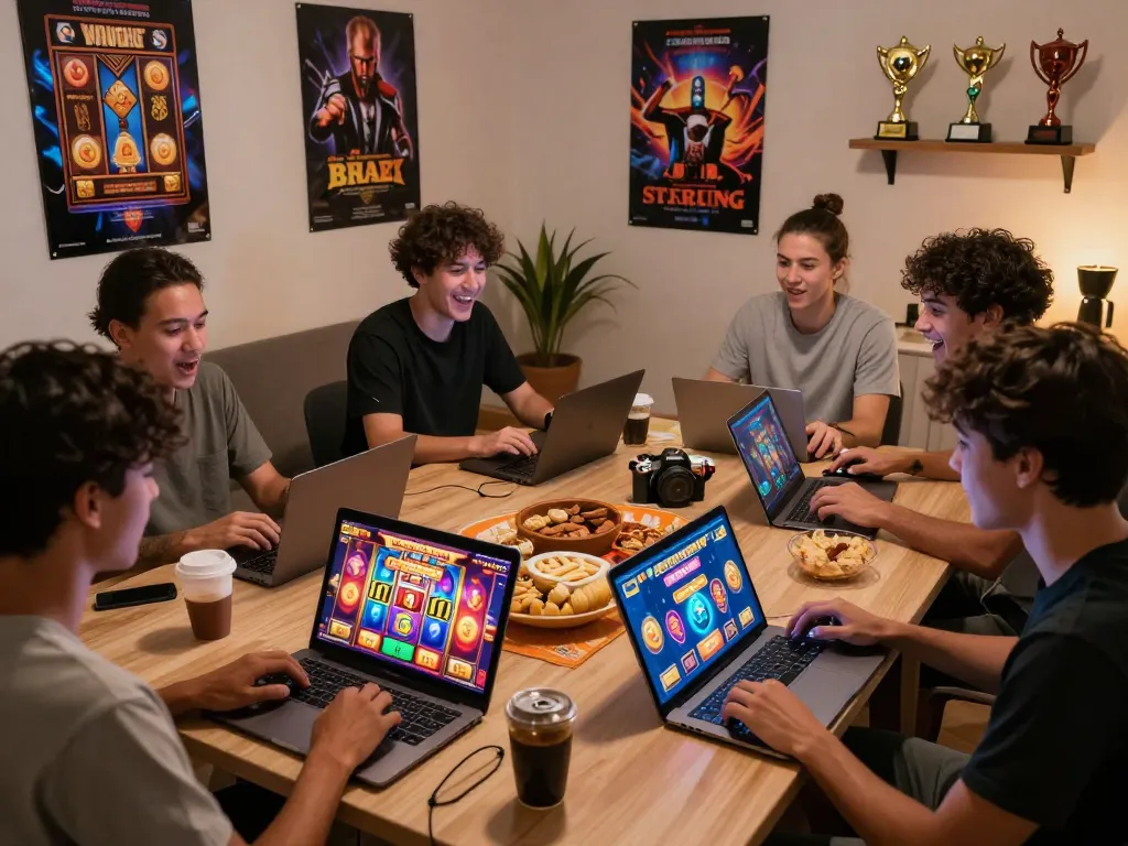 Players enjoying slot gacor games in a cozy living room, showcasing dynamic online gaming atmosphere.