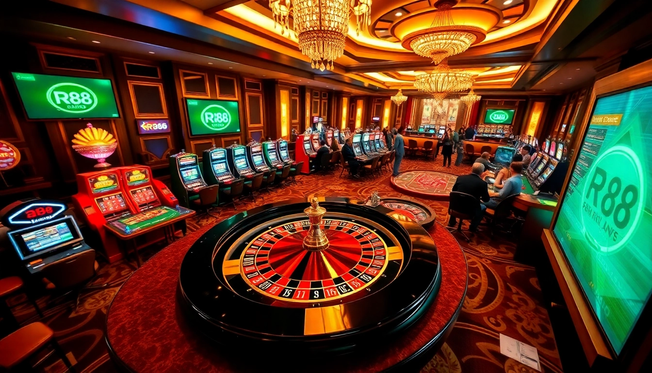 Engaging scene at RR88 casino with players enjoying table games and slot machines in a luxurious setting.