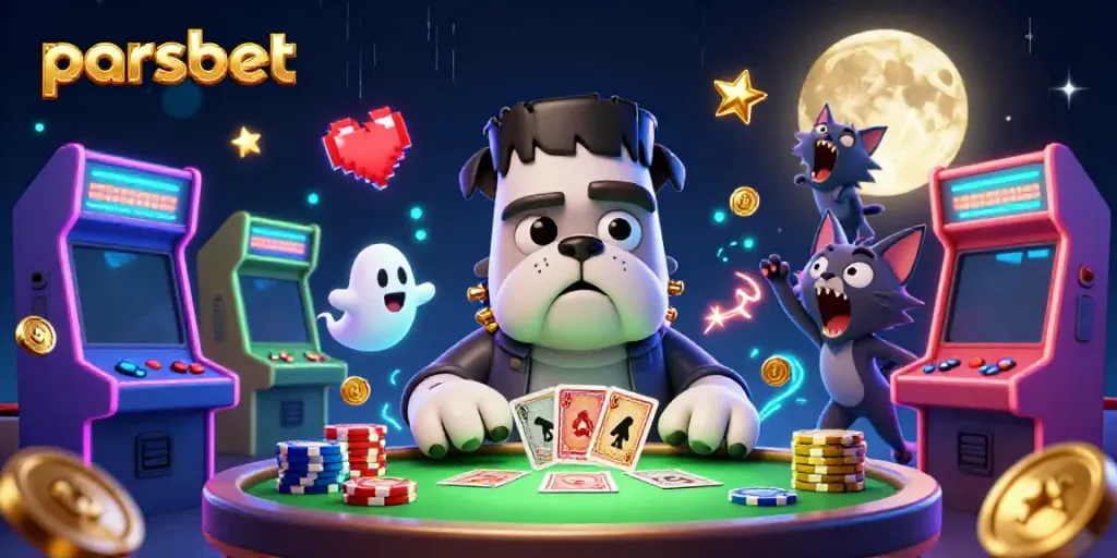 Parsbet ile kart dağıtan Frankenstein bulldog ve masada yüzen hayalet, kumar eğlencesi.