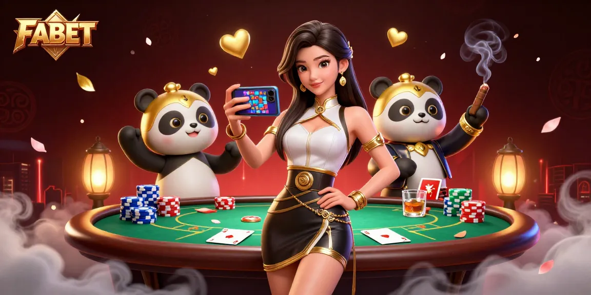 Experience exciting poker games at FABET with a vibrant scene featuring a stylish player and a golden panda mascot.