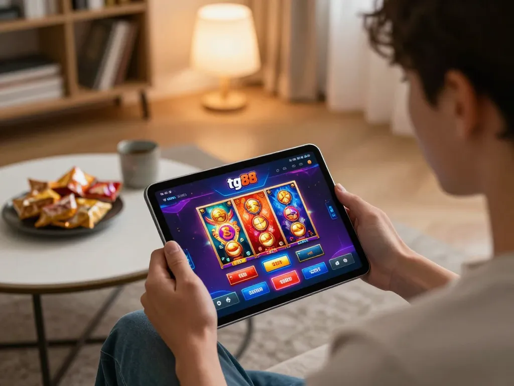 Player navigating the tg88 app for online casino games in a cozy home setting, emphasizing convenience and strategy.