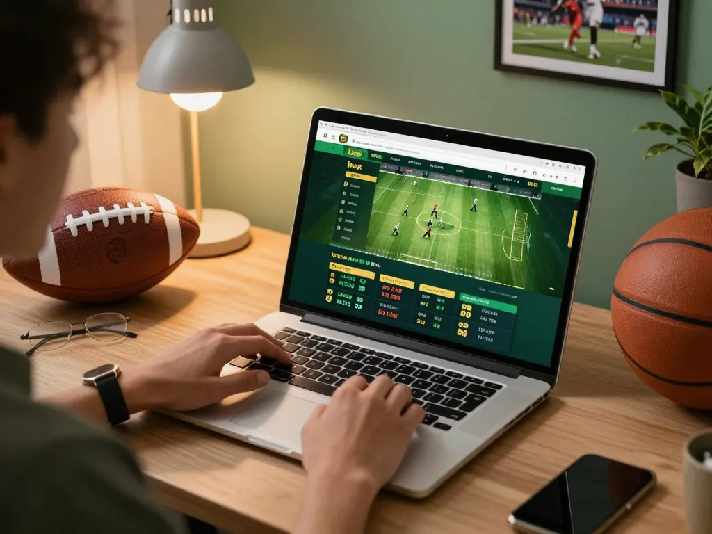 Engaging in NK88 sports betting online with live odds displayed on a laptop, showcasing strategic gameplay.