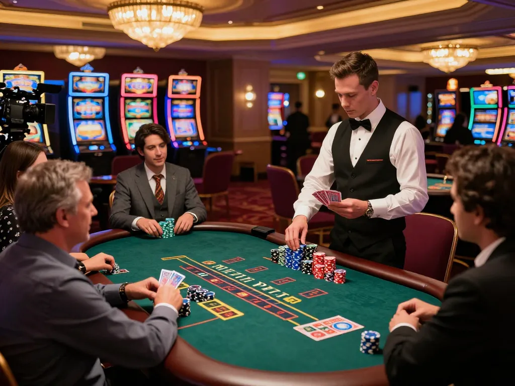 Players enjoying a thrilling blackjack game at 77WIN casino, dealer shuffling cards dynamically.