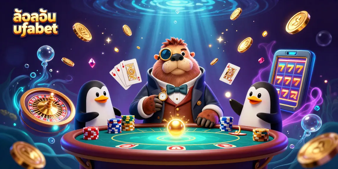 Join the thrilling poker game with ล็อคอิน ufabet, featuring cartoon walrus and dealer in an underwater casino.
