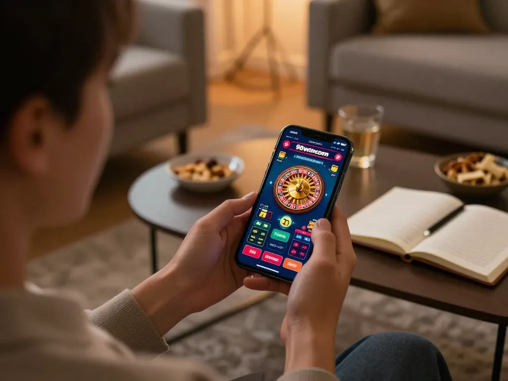 Engaging in online roulette gaming with the 98wincom app on a smartphone in a cozy setting.
