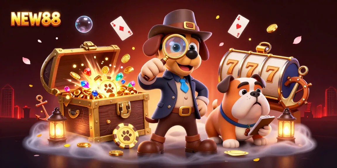 Engage with NEW88's thrilling gambling experience as a cartoon detective uncovers poker chips and treasures.