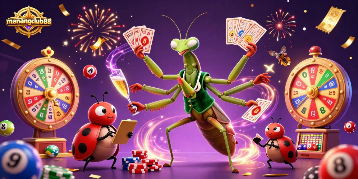 Engage with menangclub88's vibrant casino scene featuring a cartoon mantis dealer and a ladybug pit boss.