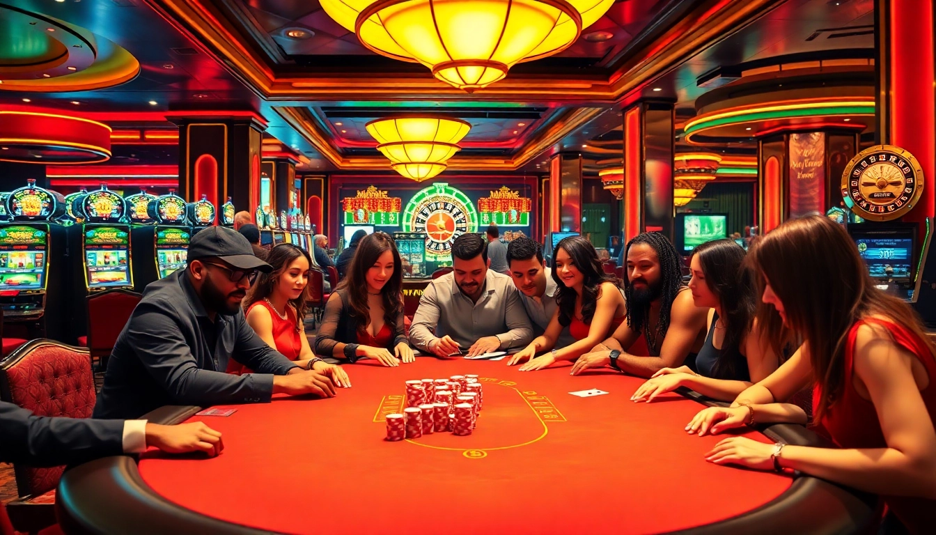 Players enjoying an exciting game of poker at phwin casino, surrounded by vibrant slot machines.