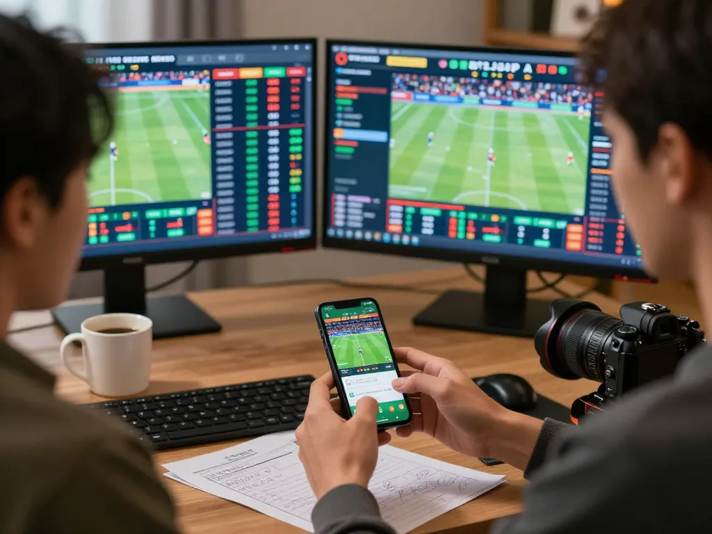 Terlibat dalam strategi taruhan olahraga situs toto dengan odds langsung ditampilkan di beberapa layar di kantor rumah yang nyaman