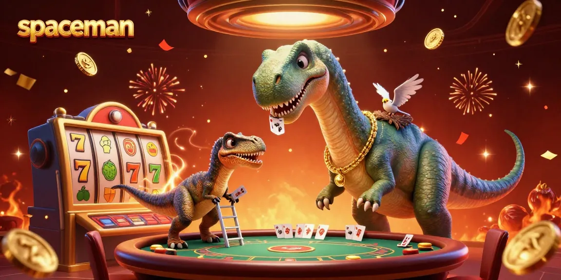 spaceman raptor deals cards at a towering brontosaurus in a lively casino scene