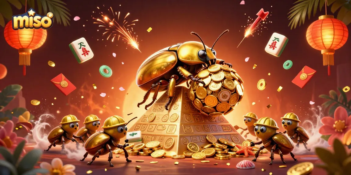 Miso game players engage with an energetic scene of golden beetles rolling coins amid vibrant casino elements.
