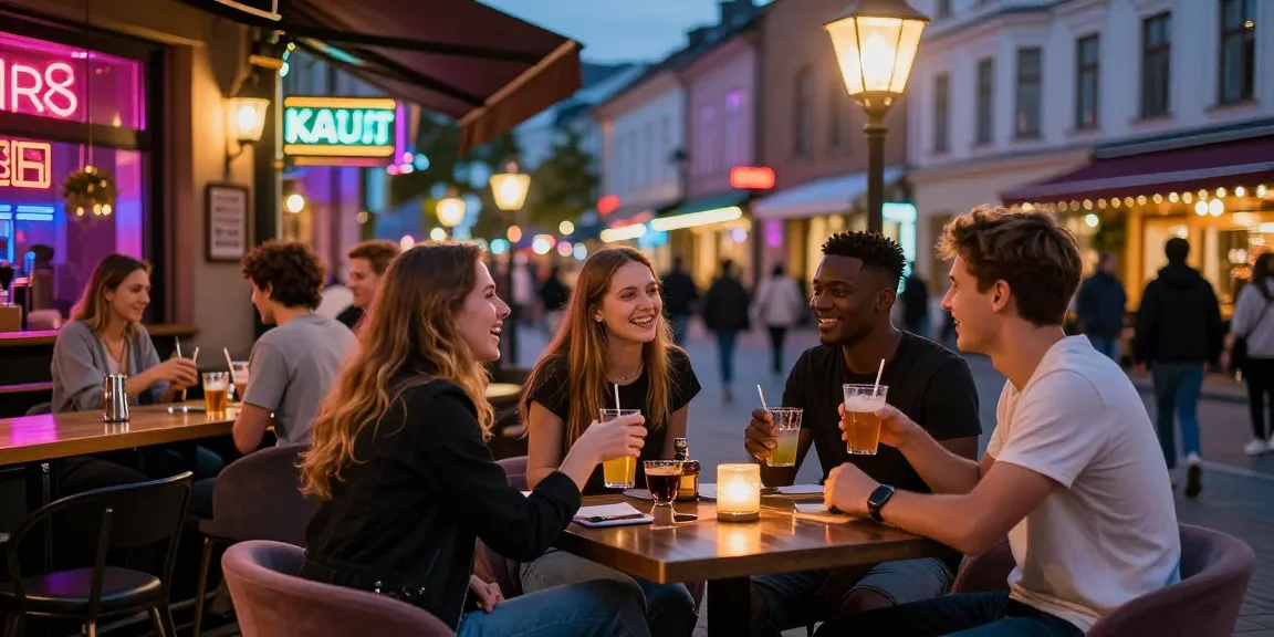 Experience the lively nightlife of Kaunas with friends at a bar, featured on www.kurpramogauti.lt, showcasing vibrant urban culture.