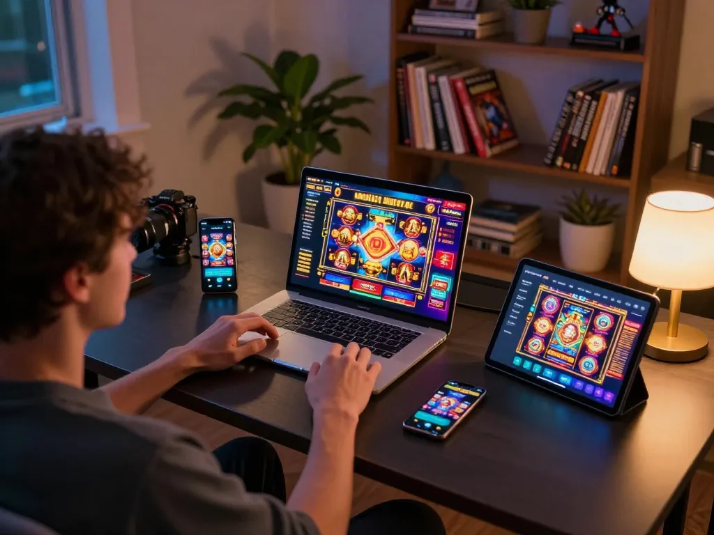 spinadvisor enhances online gaming experience, person enjoying slot games on multiple devices