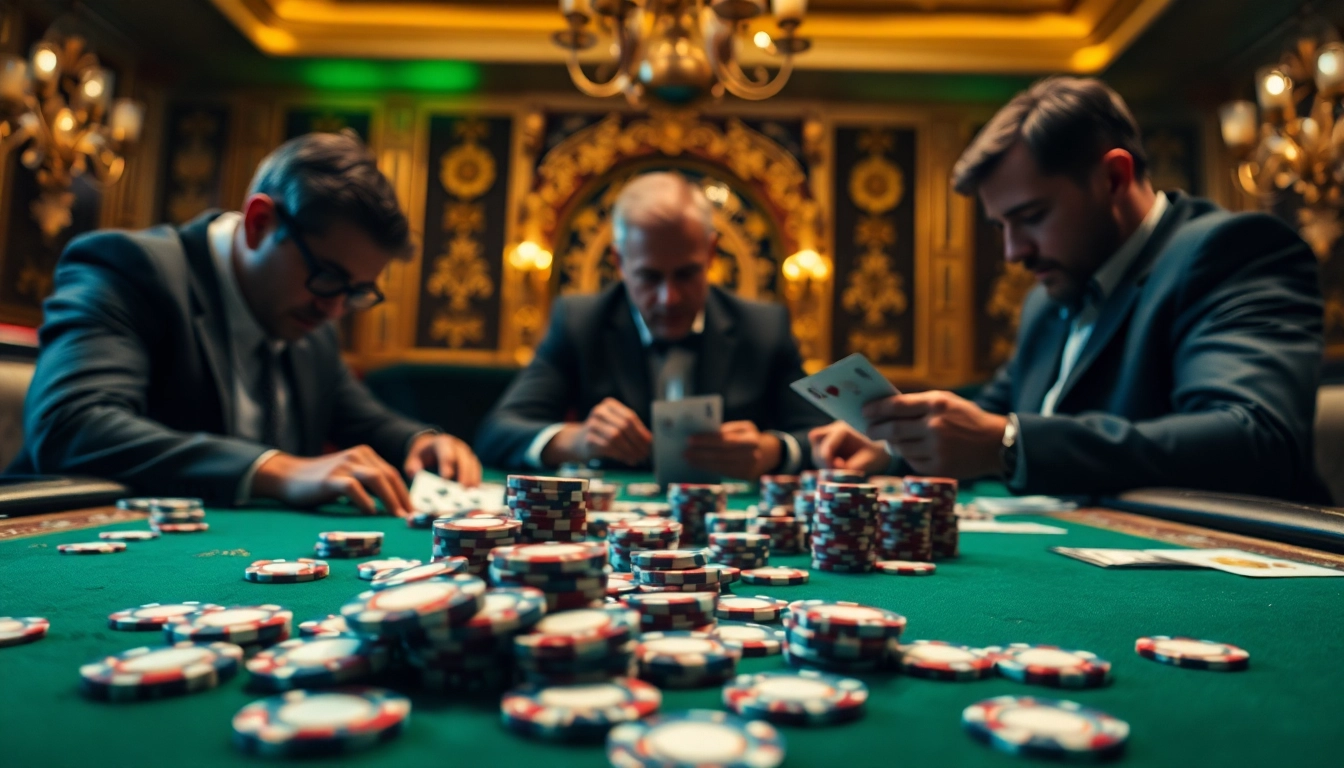 Engaging scene of a poker game with players focused on their cards at a luxurious casino table.