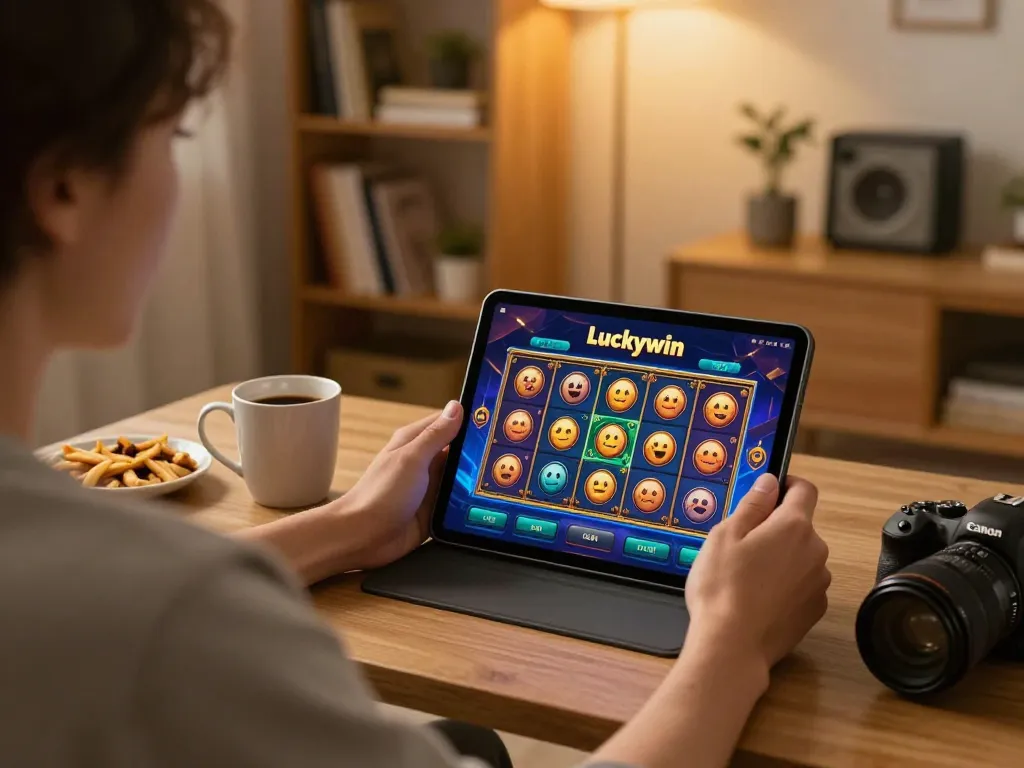 Player enjoying Luckywin app on tablet at home, highlighting online gaming experience