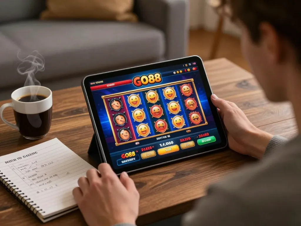 Engaging in online gaming on GO88 platform with cozy home setup and strategic notes.