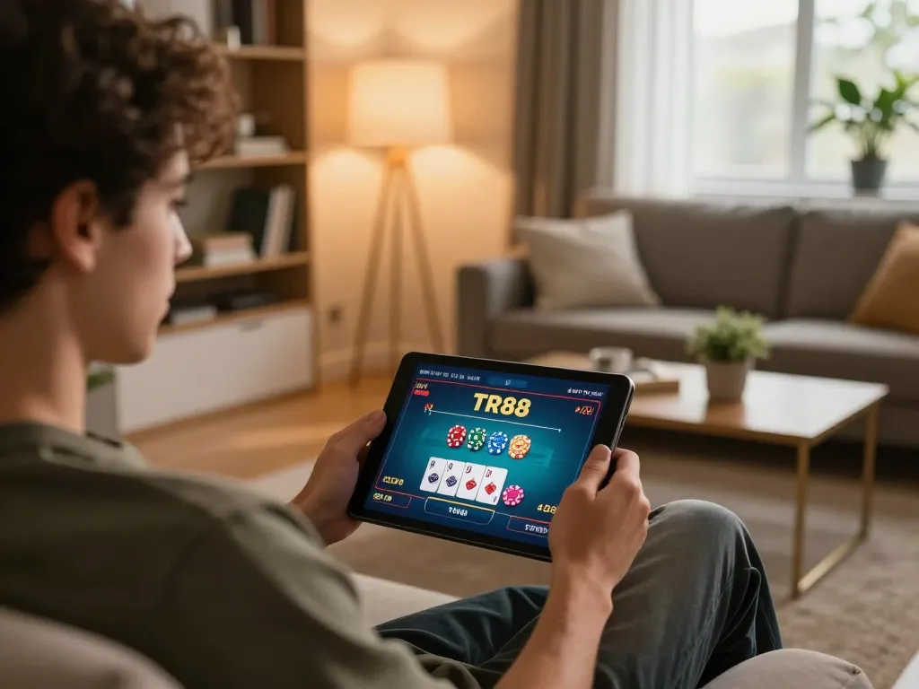 Play TR88 casino games live on tablet at home, showcasing engaging gameplay action.