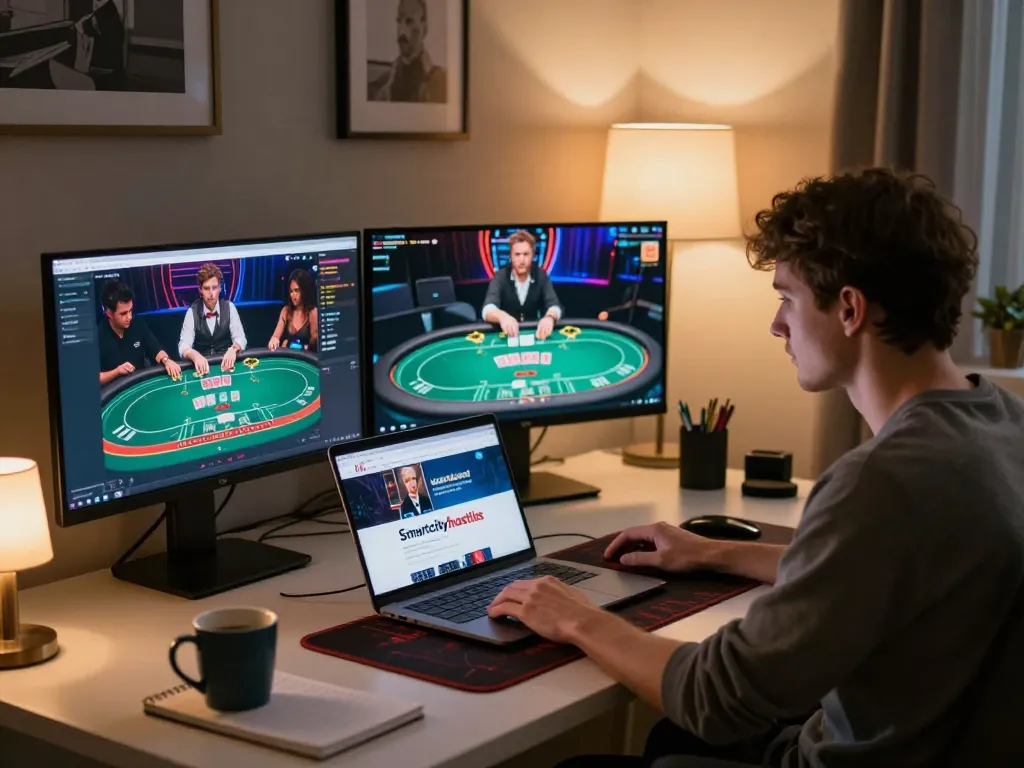 Engaging online gaming session showcasing smartcityhostels among live casino games and poker tables.
