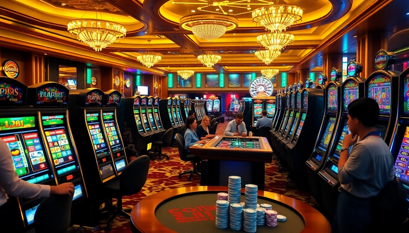 Players enjoying vibrant slot online games in a luxurious casino atmosphere.