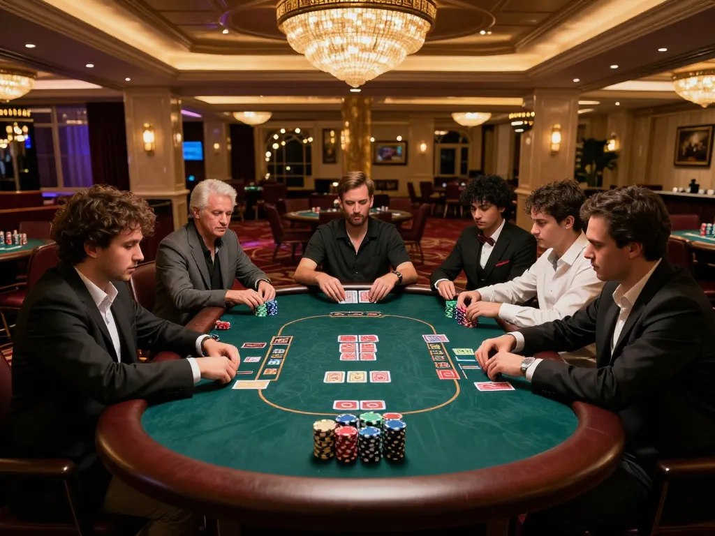 77WIN poker players strategizing in an elegant Vegas casino setting