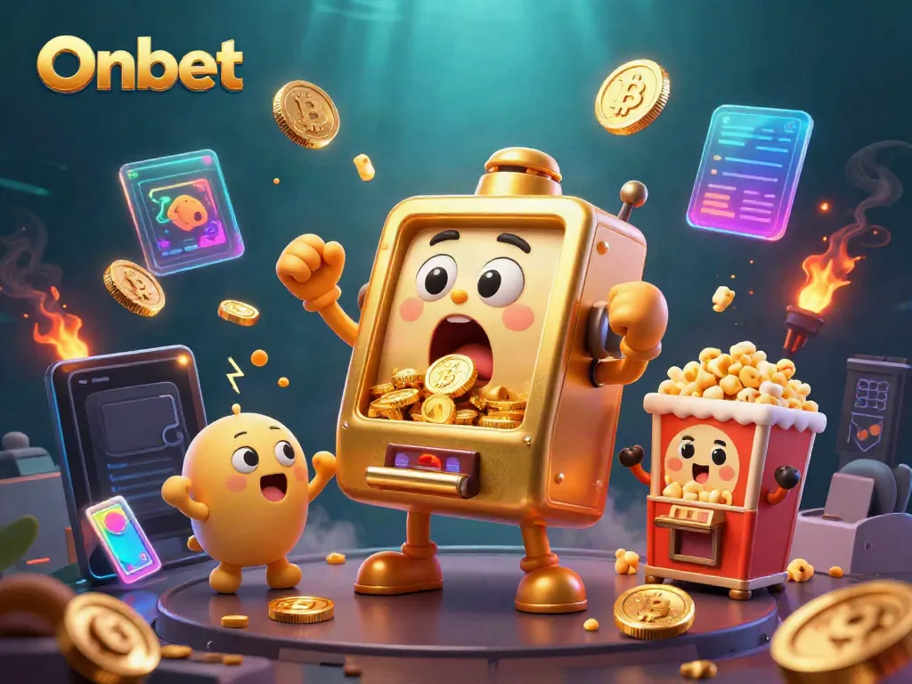Onbet slot machine celebrating jackpot wins with vibrant coins and neon effects in a dynamic casino scene.