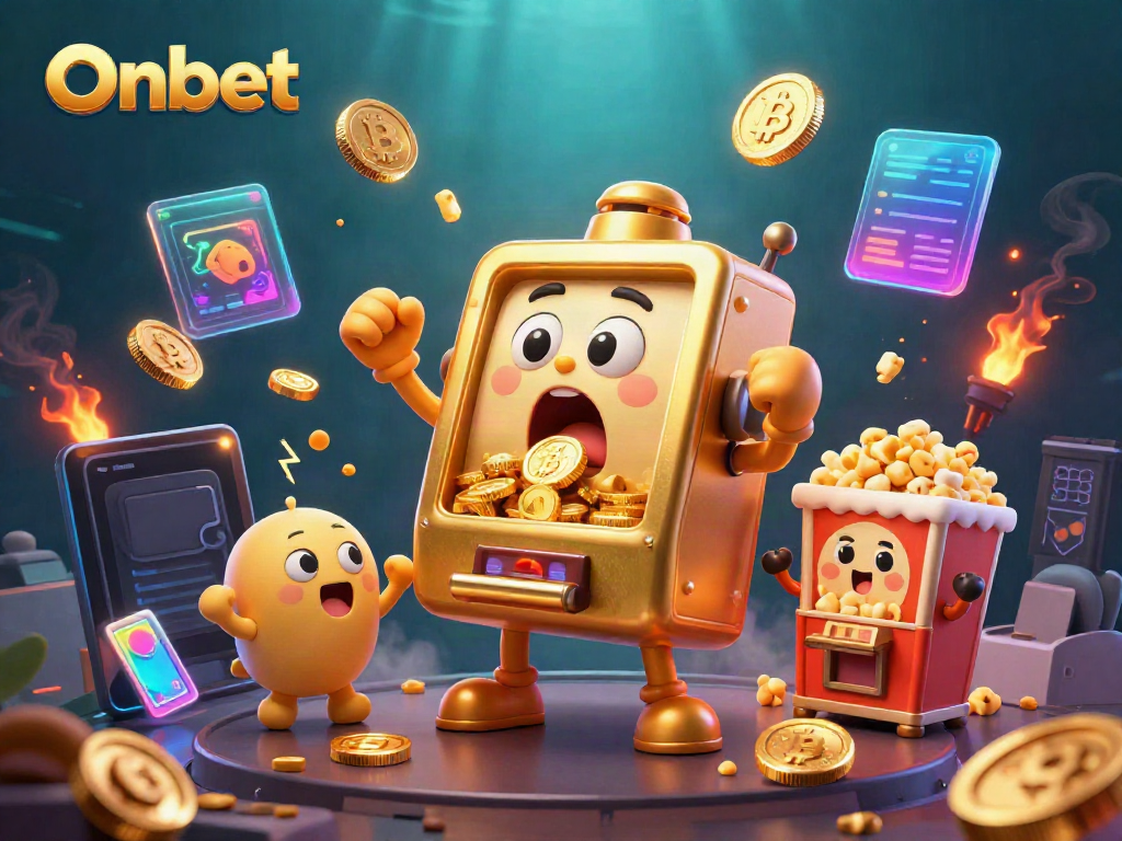 Onbet slot machine celebrating jackpot wins with vibrant coins and neon effects in a dynamic casino scene.