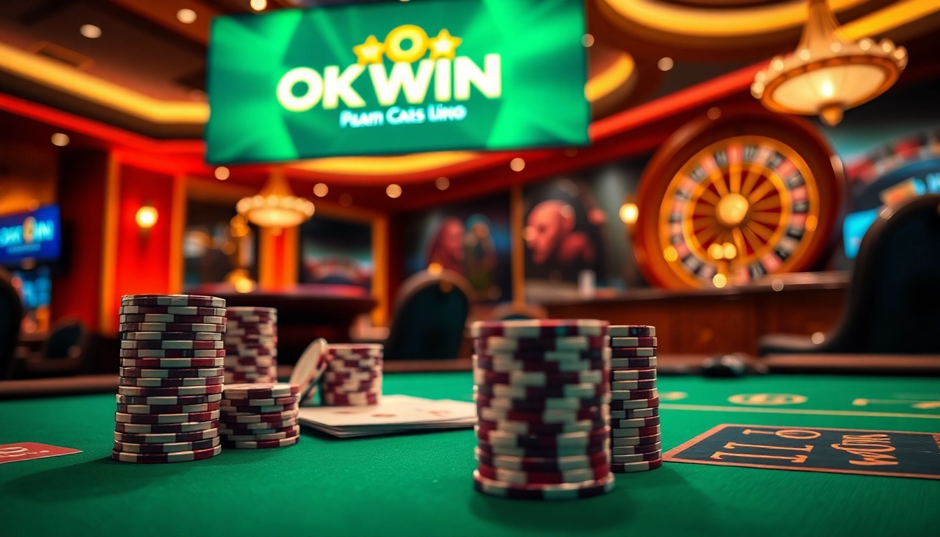 Experience thrilling games at OK WIN casino with vibrant poker tables and roulette wheels.