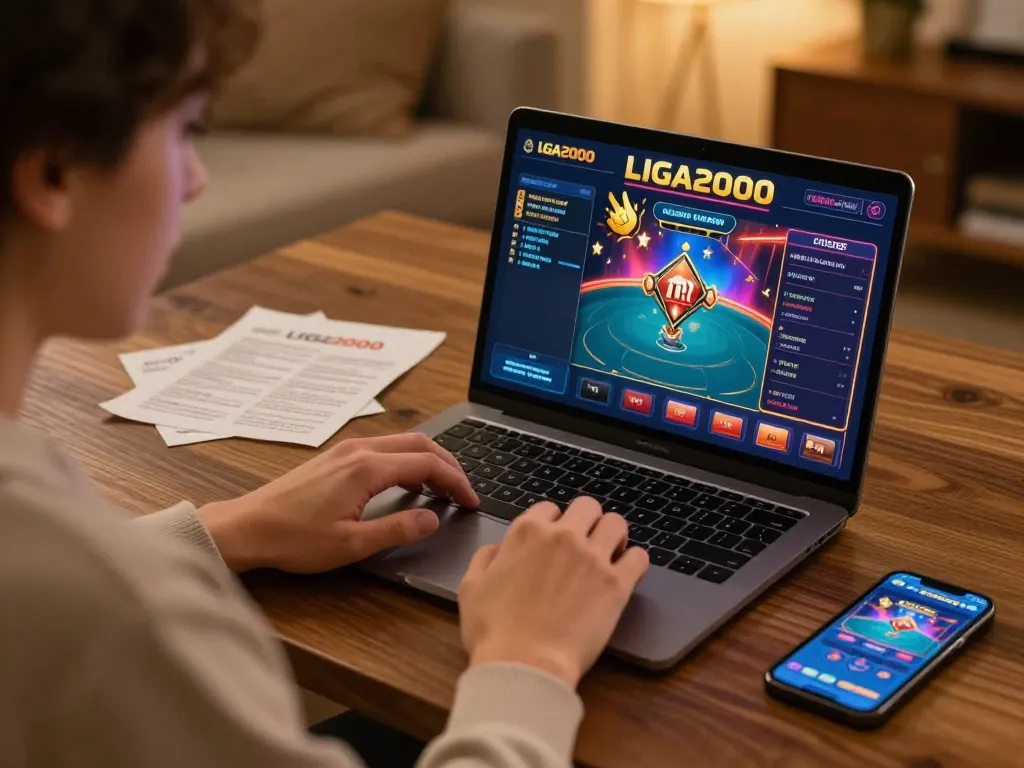 LIGA2000 user engaging with online gambling setup, demonstrating strategic betting in a cozy environment.