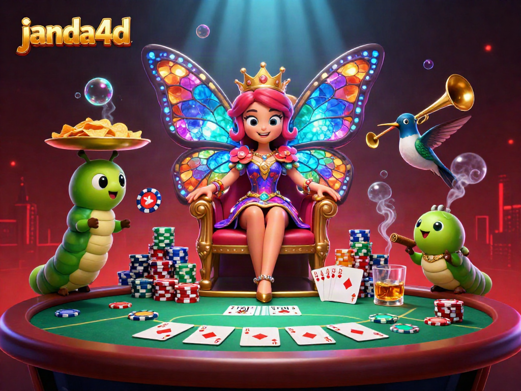 JANDA4D menampilkan ilustrasi kasino yang ceria dengan ratu kupu-kupu dan permainan poker yang seru.