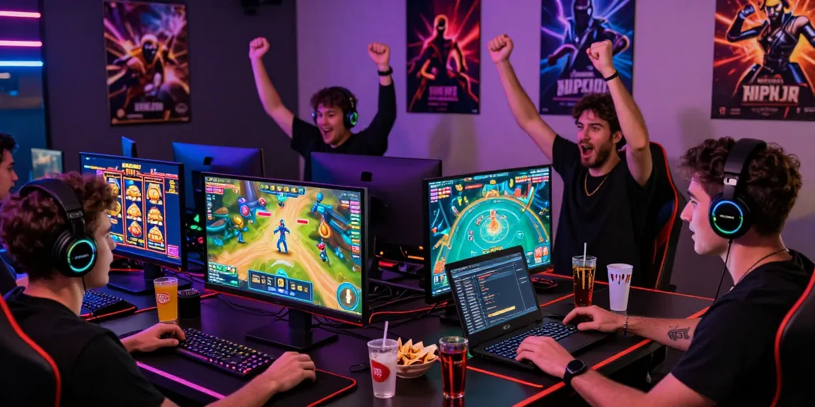 Exciting gaming scene with rikvip players cheering in a vibrant environment.
