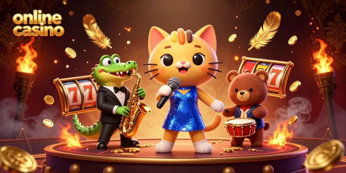 Engaging online casino scene with a jazz-singer cat, saxophone crocodile, and drum-playing bear.