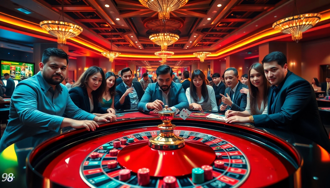 Excited players betting at the 98win casino roulette table in a luxurious atmosphere