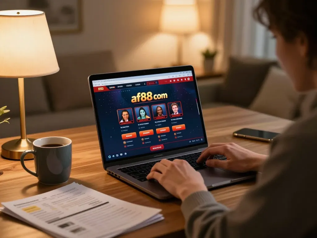 Engaged player at af88 com online casino, focused on laptop with gambling strategy notes.