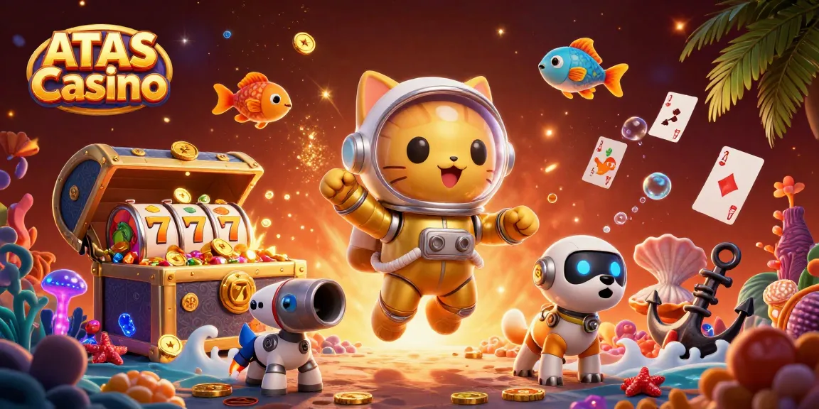 Engage with the immersive universe of ATAS Casino, featuring a vibrant 3D scene with games and characters.
