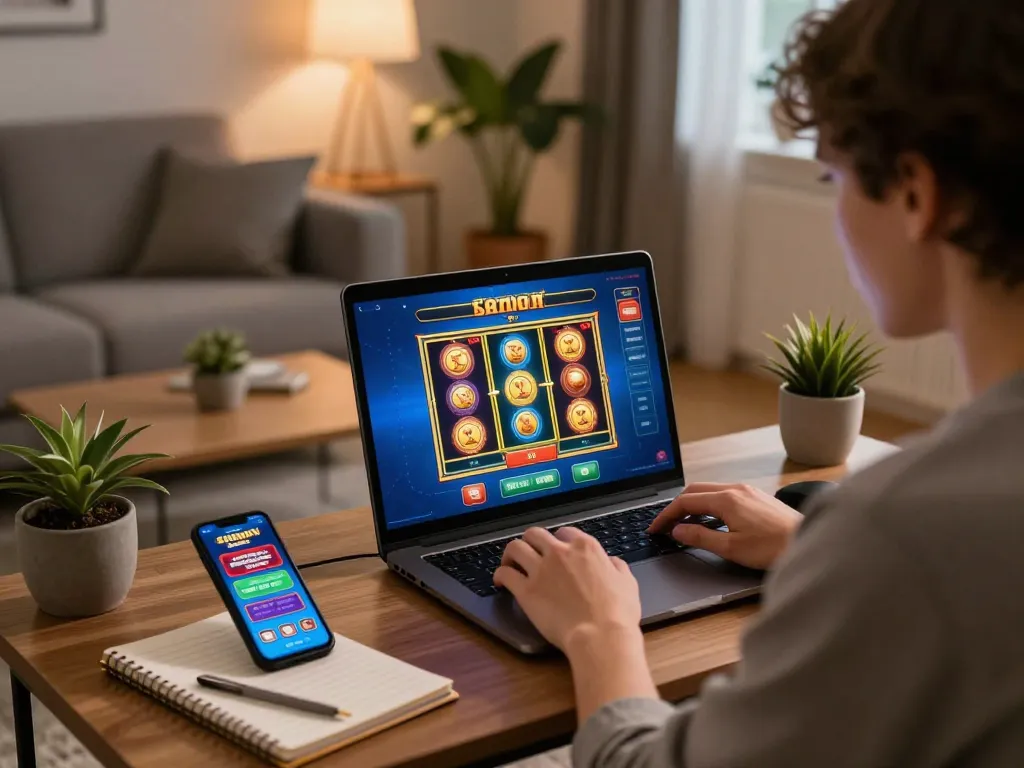 Playing link slot game on laptop in cozy home setup with warm lighting, showcasing responsible gaming.