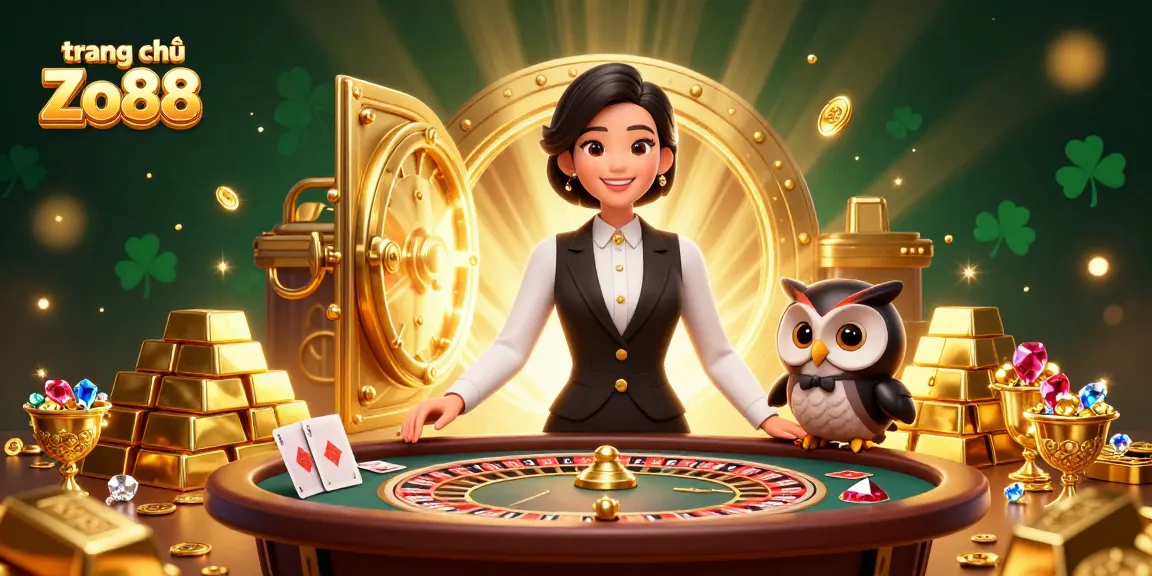 Experience the excitement at trang chủ Zo88 with a captivating 3D casino scene showcasing dealers and rich elements.