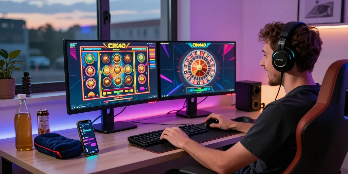 Engaged player enjoying CIKA4D online gaming in vibrant setup with colorful lights and dual monitors.