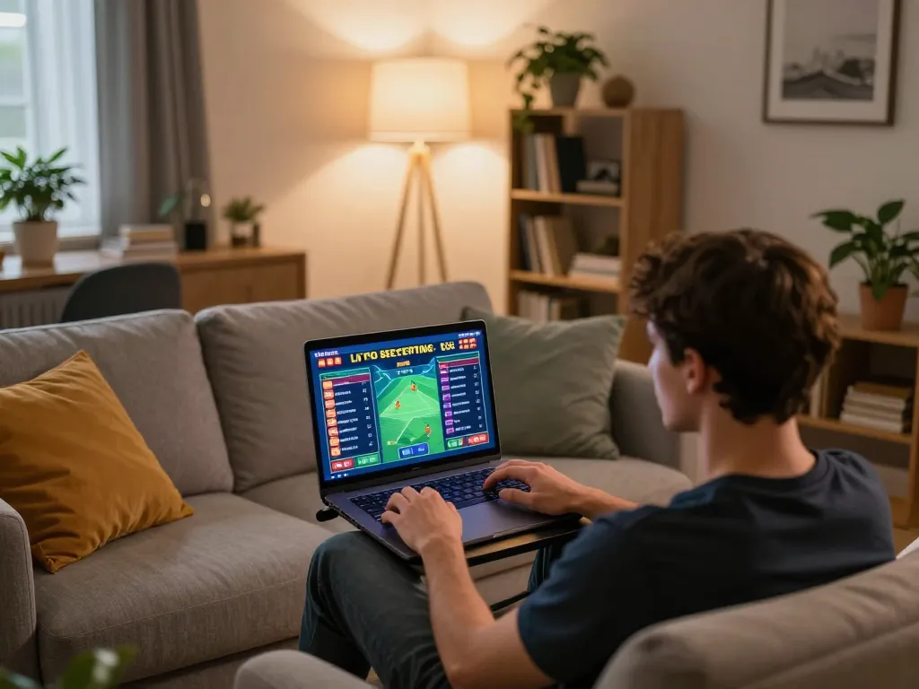 Engaging in online sports betting at home, showcasing nk88 nhà cái on laptop with live odds displayed