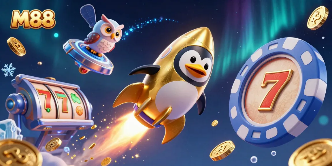 M88-themed 3D illustration depicting a golden penguin with coins, slot reels, and casino elements.