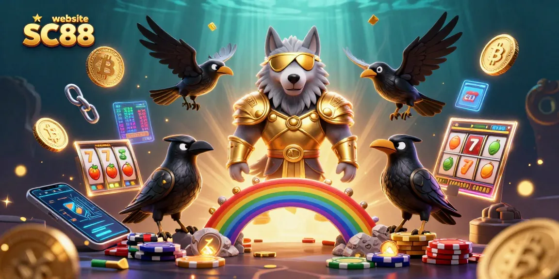 Engage with the website SC88 through a colorful 3D casino scene featuring slot elements and mythological characters.