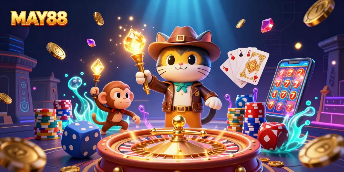MAY88 showcases an adventurous scene with a cat archaeologist and a monkey companion discovering treasure amid a vibrant casino.