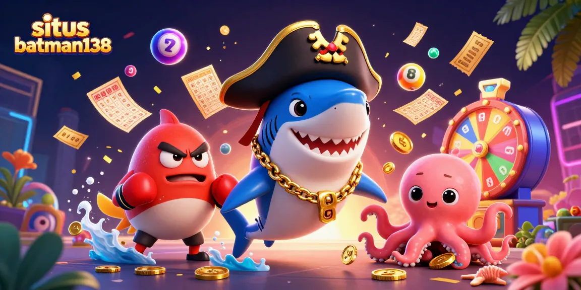 Situs batman138 menghadirkan ilustrasi kasino dengan hiu bajak laut, ikan puffer marah, dan bayi gurita membawa koin emas.