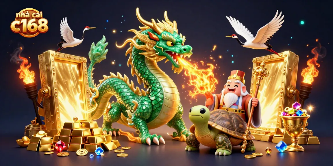 Experience excitement at nhà cái c168 with a vibrant 3D casino scene featuring dragons and treasures.