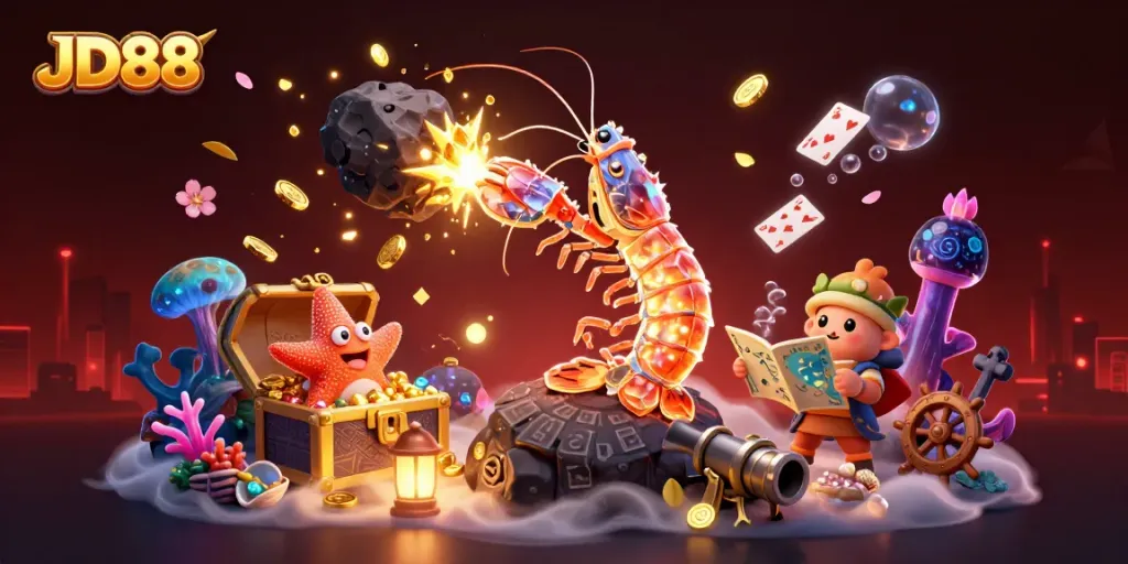 Engage with JD88's thrilling games as a galactic samurai mantis shrimp faces explosive treasures in a vibrant underwater scene.