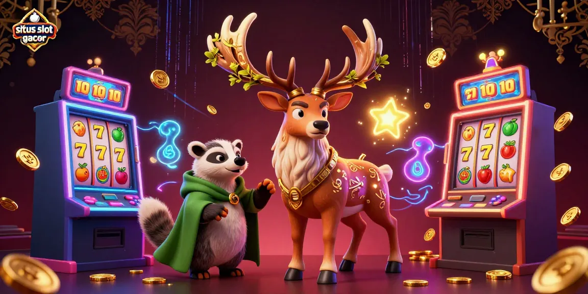 Engage with situs slot gacor through vibrant 3D illustration of a druid stag and gaming elements.