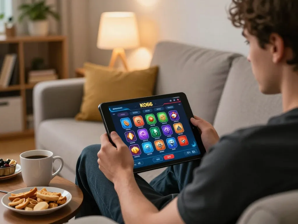Engaging in online gaming at KO66 com through a tablet in a cozy living room setting