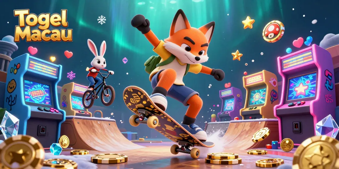 Togel Macau's vibrant 3D casino art features a skilled skateboarder fox and BMX rabbit in an exciting gaming scene.